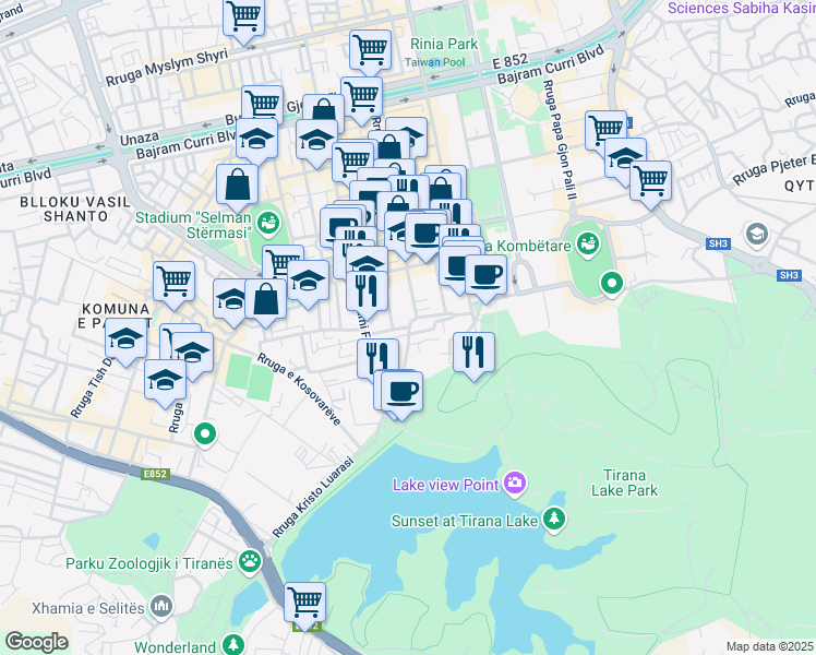 map of restaurants, bars, coffee shops, grocery stores, and more near Rruga Adem Jashari in Tirana