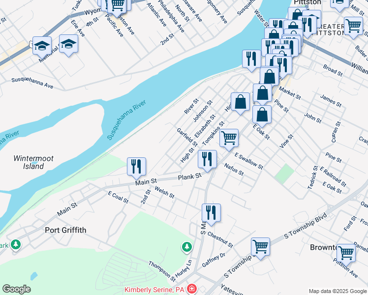 map of restaurants, bars, coffee shops, grocery stores, and more near High Street in Pittston