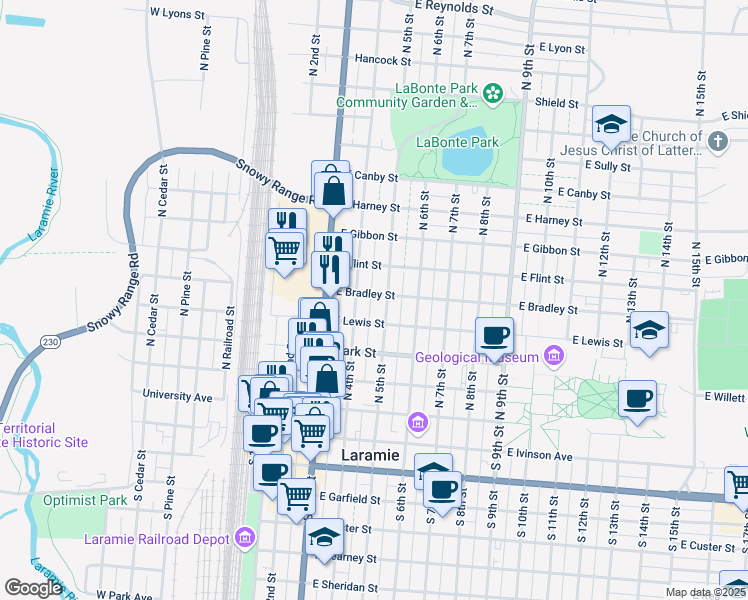 map of restaurants, bars, coffee shops, grocery stores, and more near 456 North 5th Street in Laramie