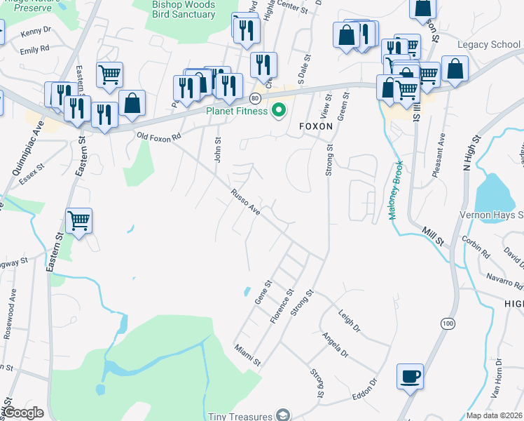 map of restaurants, bars, coffee shops, grocery stores, and more near 168 Russo Avenue in East Haven