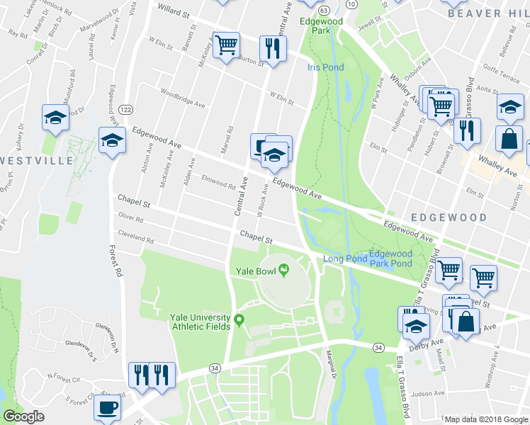 map of restaurants, bars, coffee shops, grocery stores, and more near 57 Westwood Road in New Haven