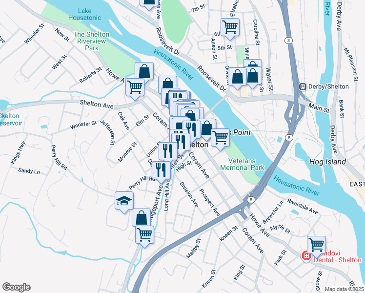 map of restaurants, bars, coffee shops, grocery stores, and more near 15 Liberty Street in Shelton
