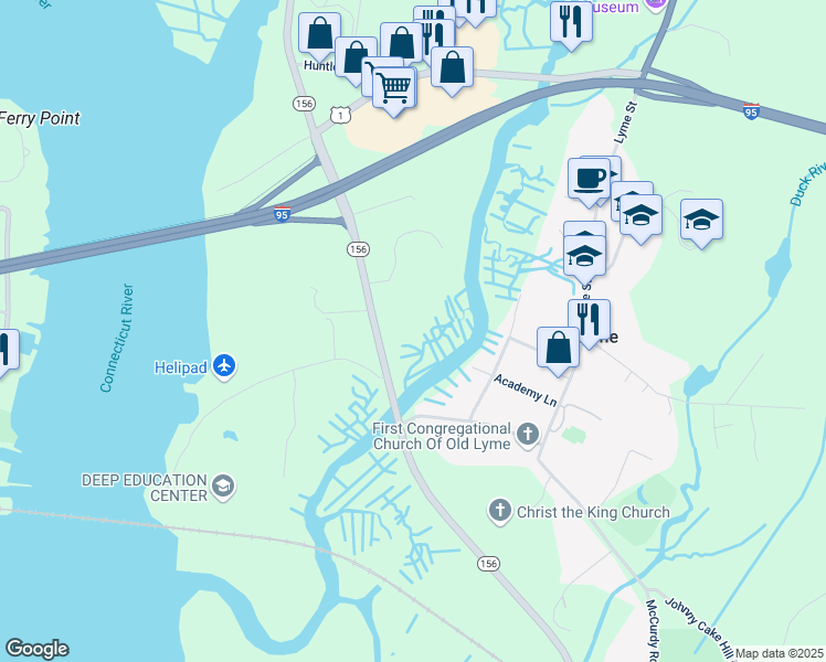 map of restaurants, bars, coffee shops, grocery stores, and more near 1 Neck Road in Old Lyme