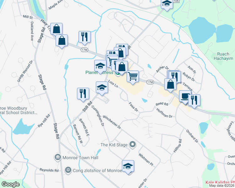map of restaurants, bars, coffee shops, grocery stores, and more near 17 Nancy Court in Monroe