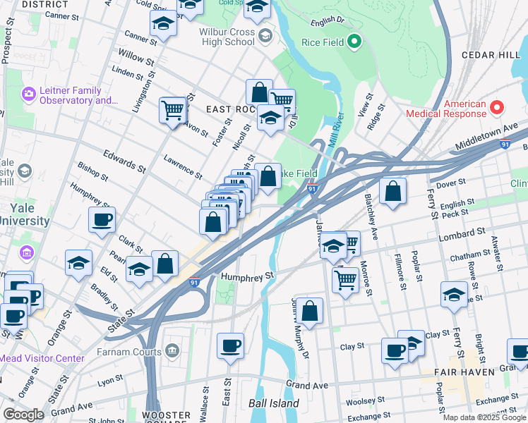 map of restaurants, bars, coffee shops, grocery stores, and more near 1041 State Street in New Haven