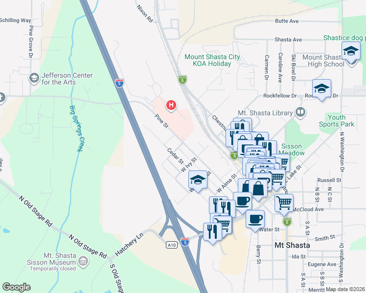 map of restaurants, bars, coffee shops, grocery stores, and more near 724 Cedar Street in Mount Shasta