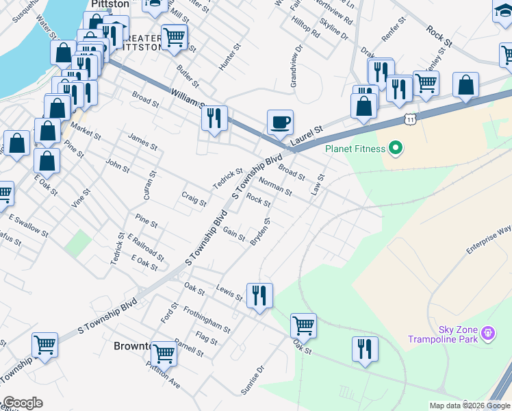map of restaurants, bars, coffee shops, grocery stores, and more near 38 Rock Street in Pittston