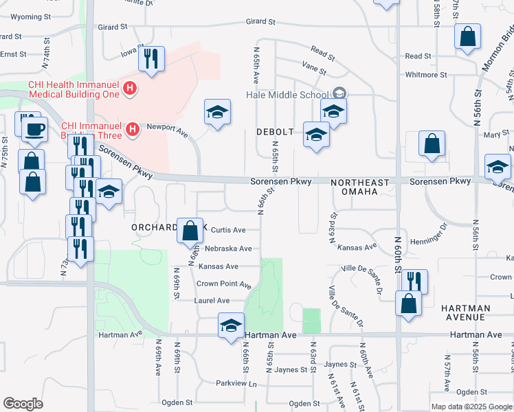 map of restaurants, bars, coffee shops, grocery stores, and more near 6604 Vernon Avenue in Omaha
