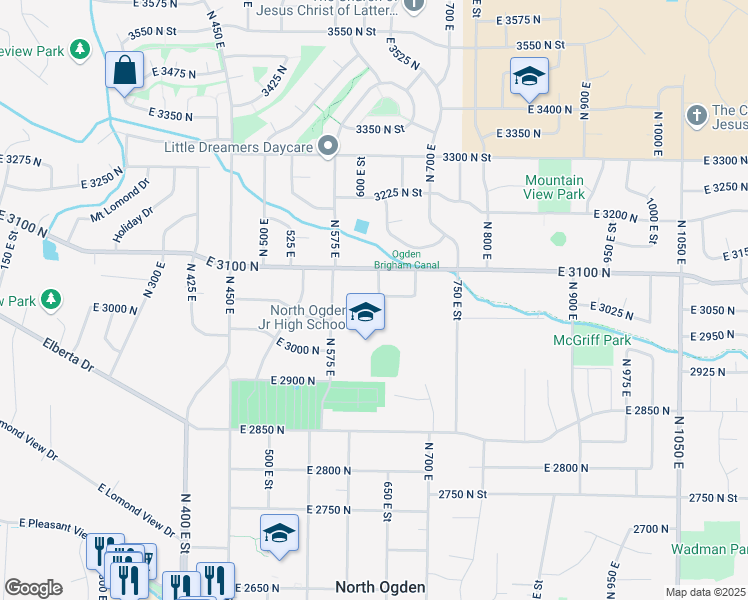 map of restaurants, bars, coffee shops, grocery stores, and more near 663 East 3050 North in Ogden