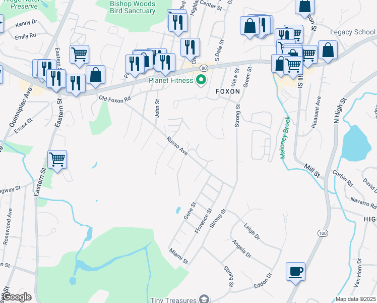 map of restaurants, bars, coffee shops, grocery stores, and more near 168 Russo Avenue in East Haven
