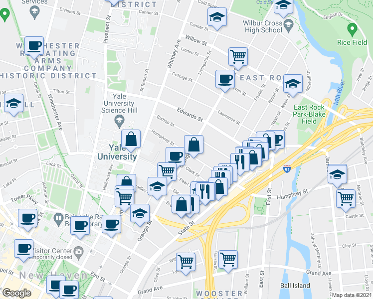 map of restaurants, bars, coffee shops, grocery stores, and more near 400 Humphrey Street in New Haven