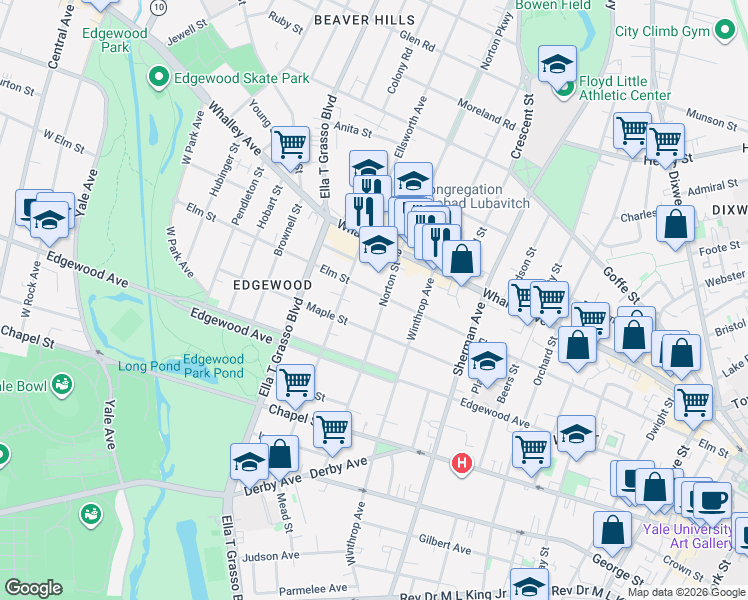 map of restaurants, bars, coffee shops, grocery stores, and more near in New Haven