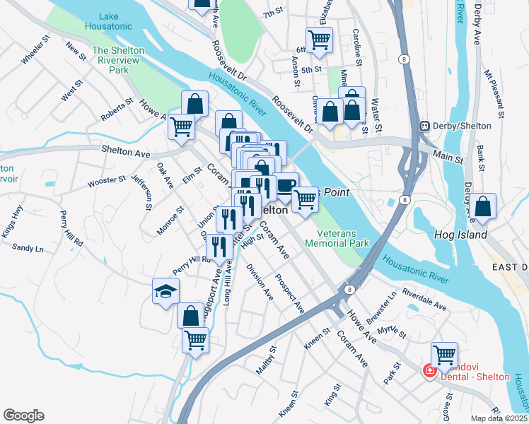 map of restaurants, bars, coffee shops, grocery stores, and more near in Shelton