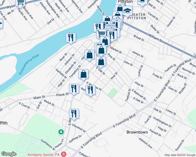 map of restaurants, bars, coffee shops, grocery stores, and more near 43 East Frothingham Street in Pittston