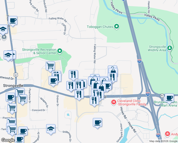 map of restaurants, bars, coffee shops, grocery stores, and more near 17274 Iyami Court in Strongsville