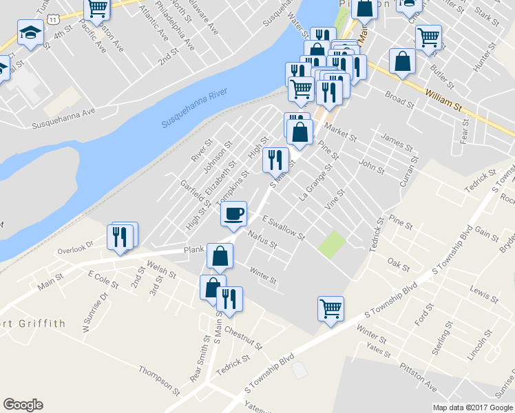 map of restaurants, bars, coffee shops, grocery stores, and more near 245 South Main Street in Pittston