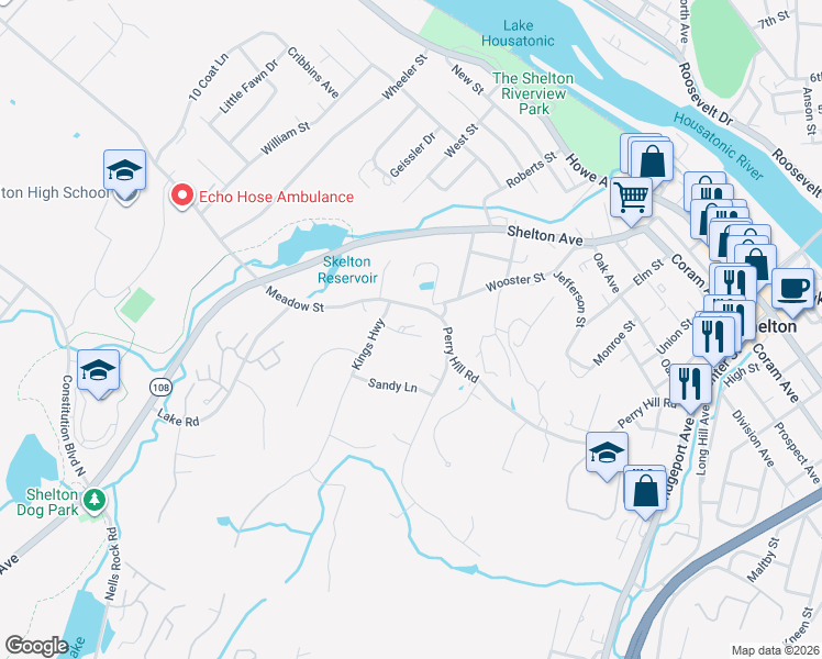 map of restaurants, bars, coffee shops, grocery stores, and more near 37 Huntington Heights in Shelton