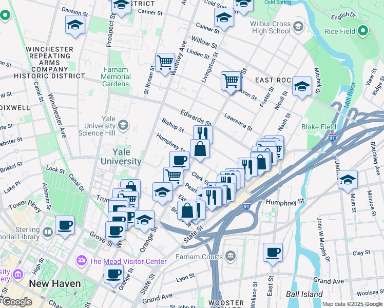 map of restaurants, bars, coffee shops, grocery stores, and more near 584 Orange Street in New Haven