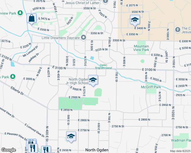 map of restaurants, bars, coffee shops, grocery stores, and more near 663 East 3050 North in Ogden
