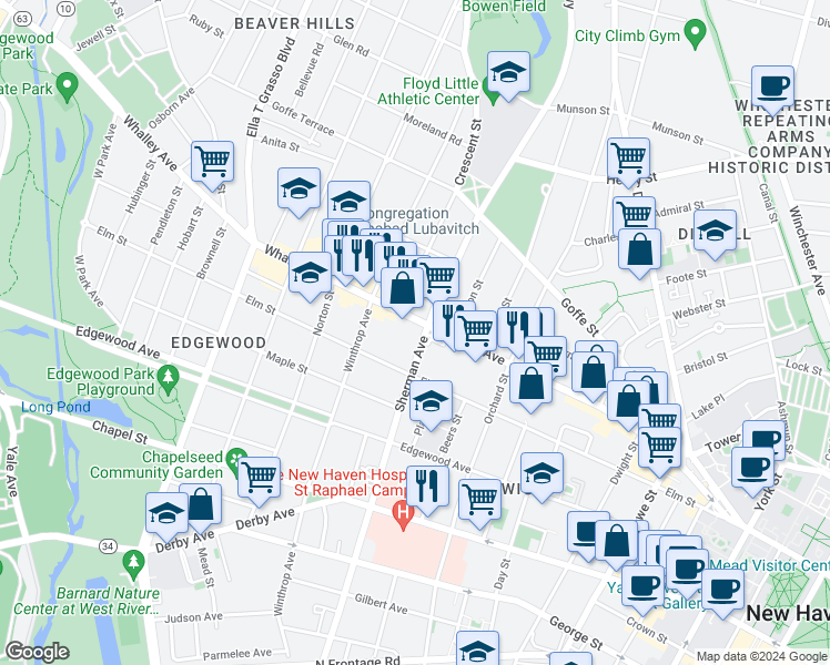 map of restaurants, bars, coffee shops, grocery stores, and more near 300 Whalley Avenue in New Haven