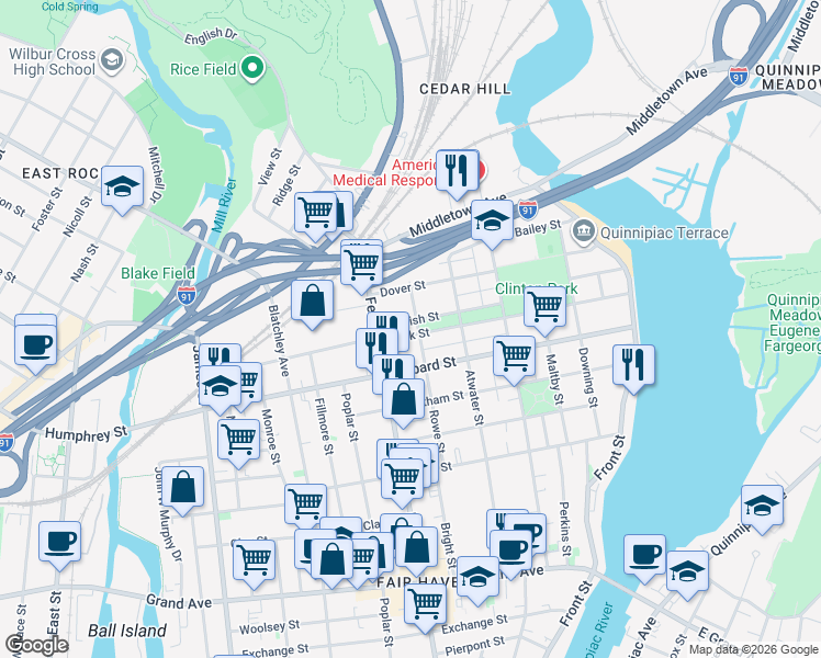 map of restaurants, bars, coffee shops, grocery stores, and more near 208 English Street in New Haven