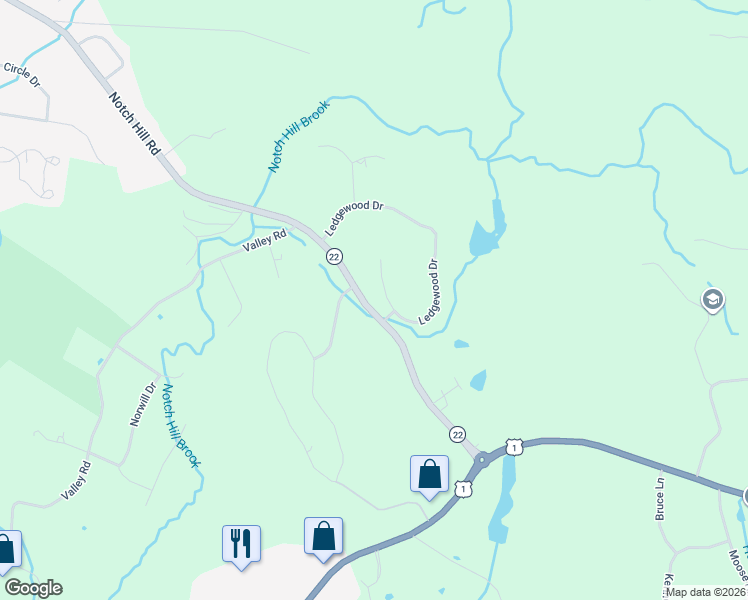 map of restaurants, bars, coffee shops, grocery stores, and more near 2 Ledgewood Drive in North Branford