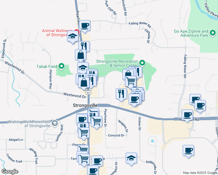 map of restaurants, bars, coffee shops, grocery stores, and more near 18700 Westwood Drive in Strongsville