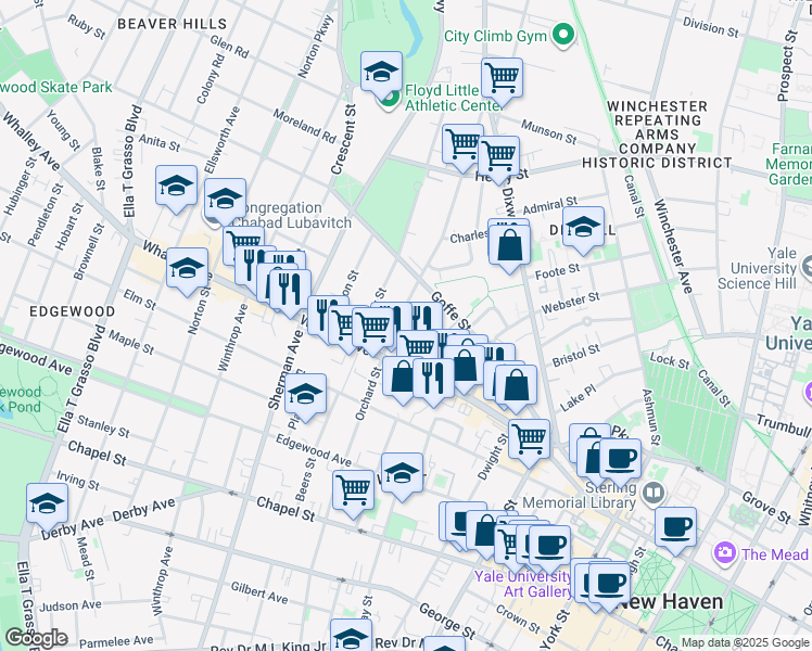 map of restaurants, bars, coffee shops, grocery stores, and more near 543 Orchard Street in New Haven