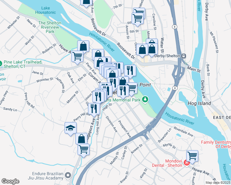 map of restaurants, bars, coffee shops, grocery stores, and more near in Shelton