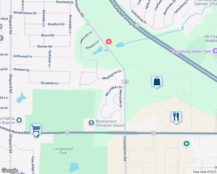 map of restaurants, bars, coffee shops, grocery stores, and more near 1766 BELLAWAY Drive in Twinsburg