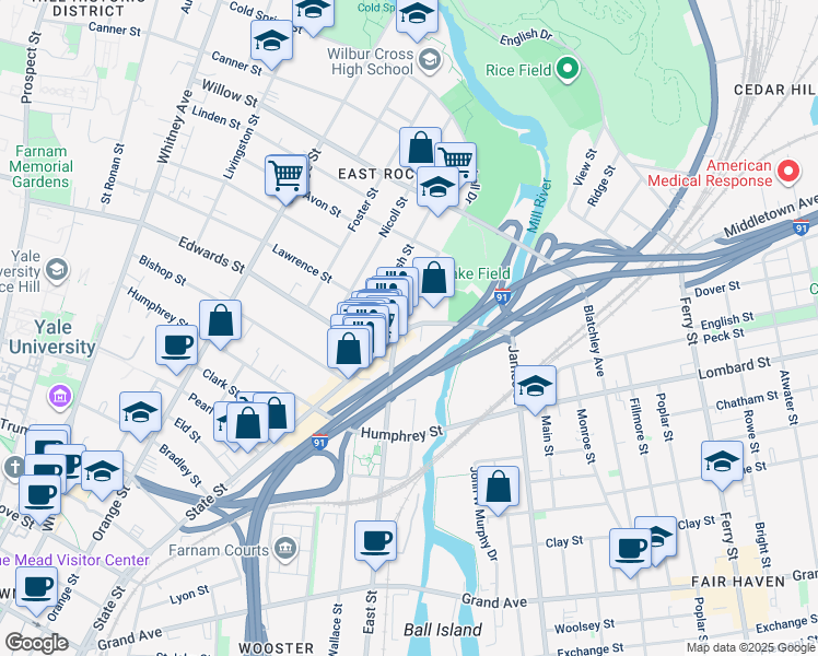 map of restaurants, bars, coffee shops, grocery stores, and more near State Street in New Haven