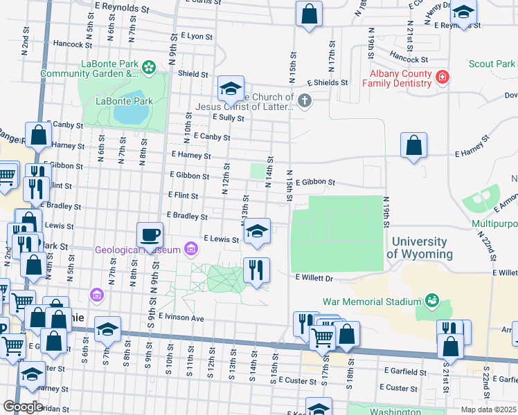 map of restaurants, bars, coffee shops, grocery stores, and more near 1315 East Bradley Street in Laramie