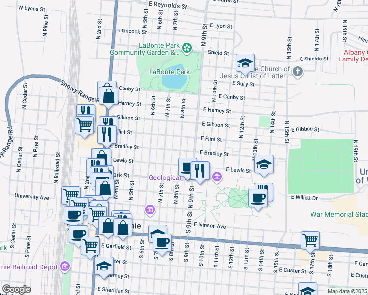 map of restaurants, bars, coffee shops, grocery stores, and more near 465 North 8th Street in Laramie