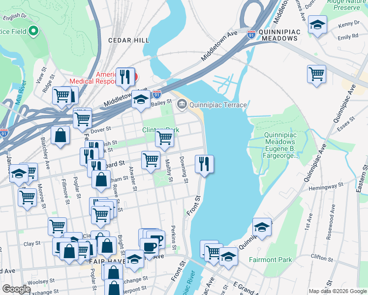 map of restaurants, bars, coffee shops, grocery stores, and more near 86 Lombard Street in New Haven