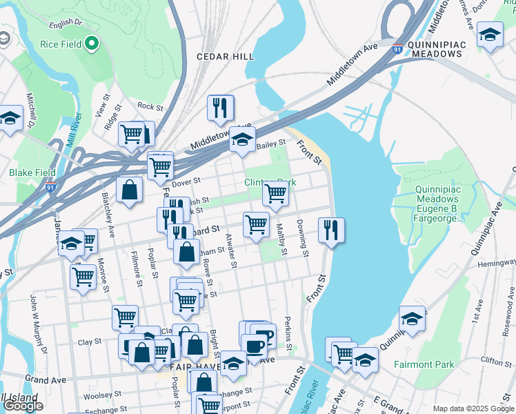 map of restaurants, bars, coffee shops, grocery stores, and more near 181 Lombard Street in New Haven