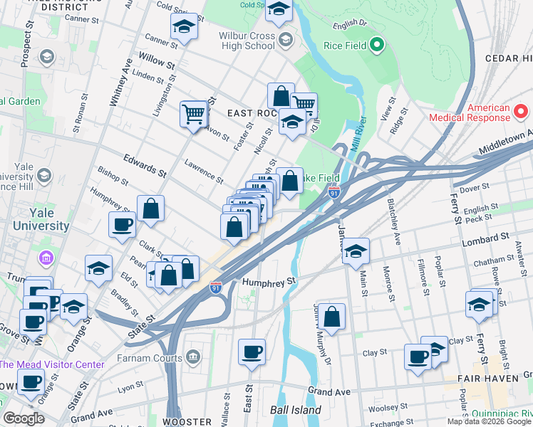 map of restaurants, bars, coffee shops, grocery stores, and more near in New Haven