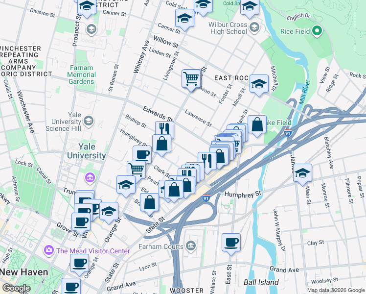 map of restaurants, bars, coffee shops, grocery stores, and more near 78 Bishop Street in New Haven