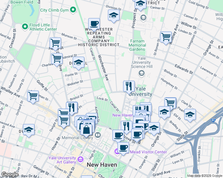 map of restaurants, bars, coffee shops, grocery stores, and more near 100 Sachem Street in New Haven