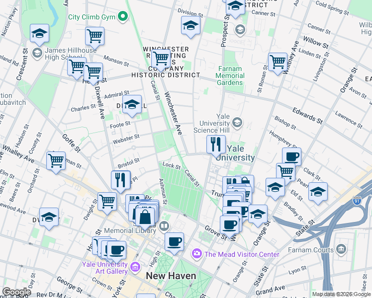 map of restaurants, bars, coffee shops, grocery stores, and more near 100 Sachem Street in New Haven