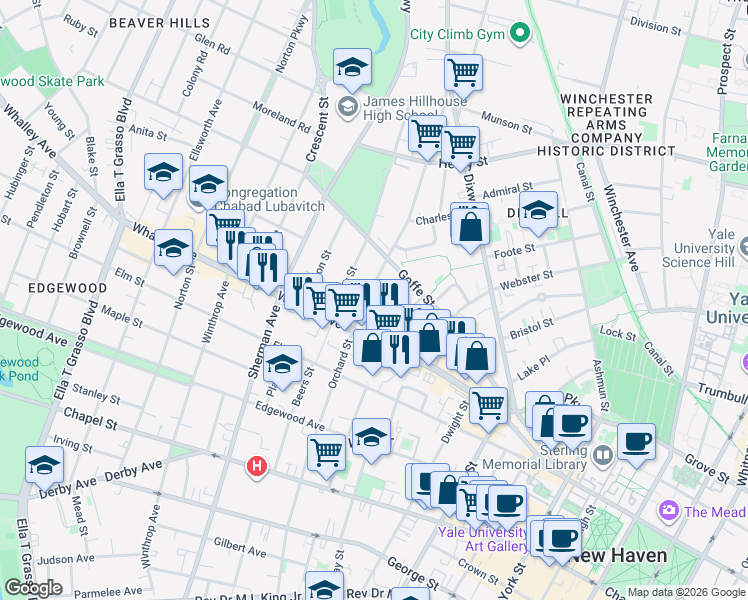 map of restaurants, bars, coffee shops, grocery stores, and more near 543 Orchard Street in New Haven