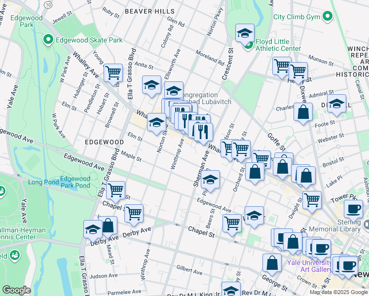 map of restaurants, bars, coffee shops, grocery stores, and more near 711 Elm Street in New Haven