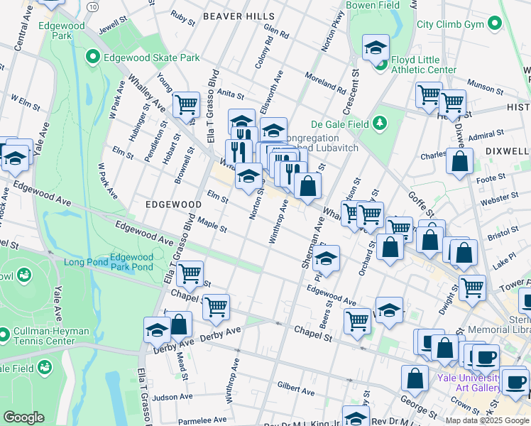 map of restaurants, bars, coffee shops, grocery stores, and more near in New Haven
