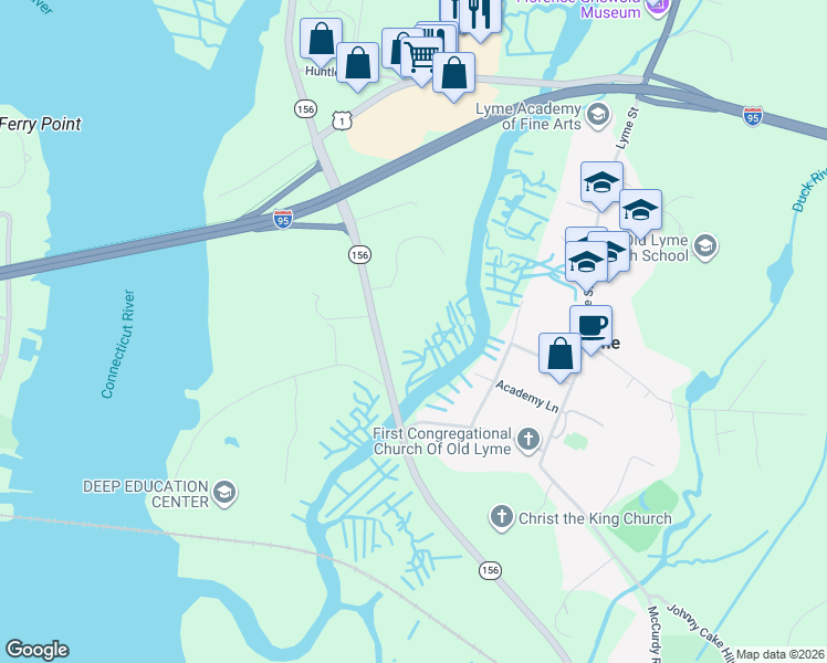 map of restaurants, bars, coffee shops, grocery stores, and more near 1 Neck Road in Old Lyme