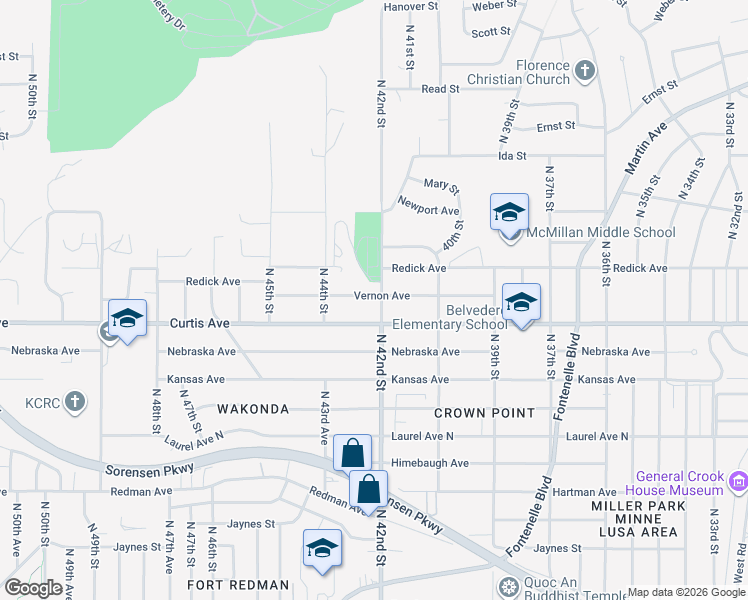 map of restaurants, bars, coffee shops, grocery stores, and more near 6304 North 42nd Street in Omaha