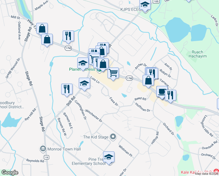 map of restaurants, bars, coffee shops, grocery stores, and more near 40 Lois Lane in Monroe