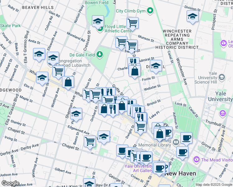 map of restaurants, bars, coffee shops, grocery stores, and more near 200 Goffe Street in New Haven