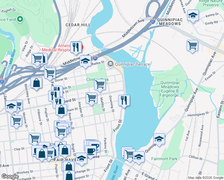 map of restaurants, bars, coffee shops, grocery stores, and more near 86 Lombard Street in New Haven