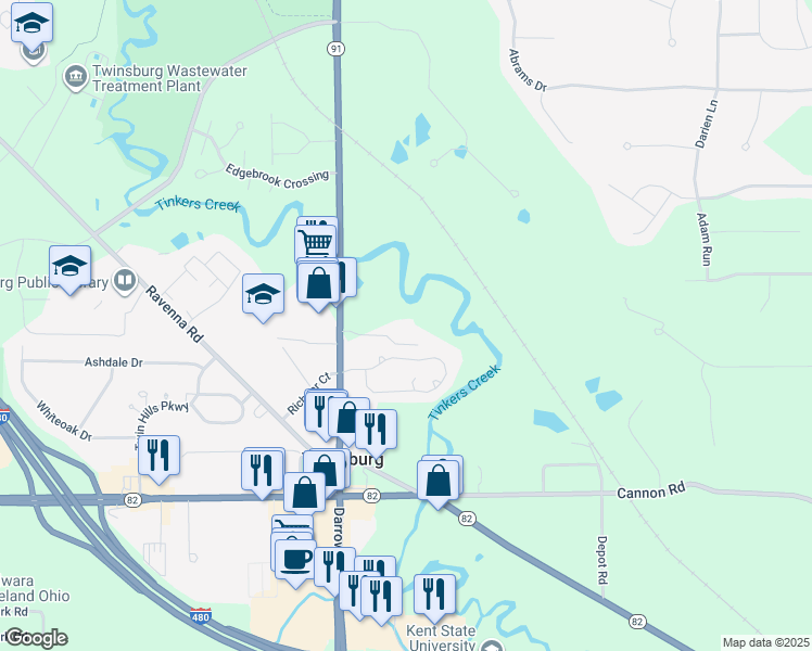 map of restaurants, bars, coffee shops, grocery stores, and more near 9209 Darrow Road in Twinsburg