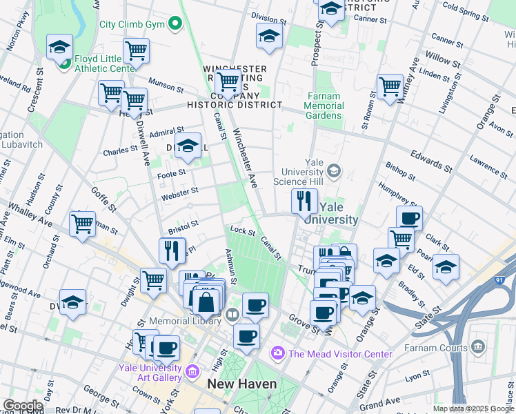 map of restaurants, bars, coffee shops, grocery stores, and more near 20 Winchester Avenue in New Haven