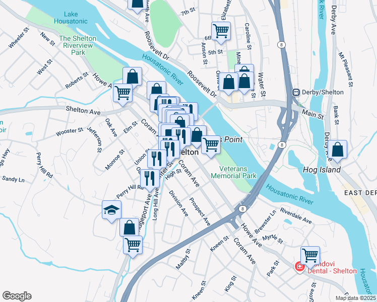 map of restaurants, bars, coffee shops, grocery stores, and more near in Shelton
